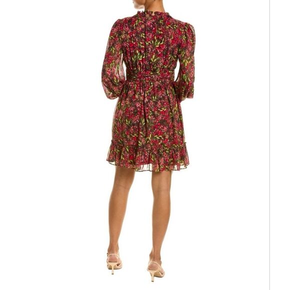 Julia Jordan Peasant Floral Gathered High Ruffle Neck Sheer Sleeves Mini Dress 8 - Picture 2 of 9